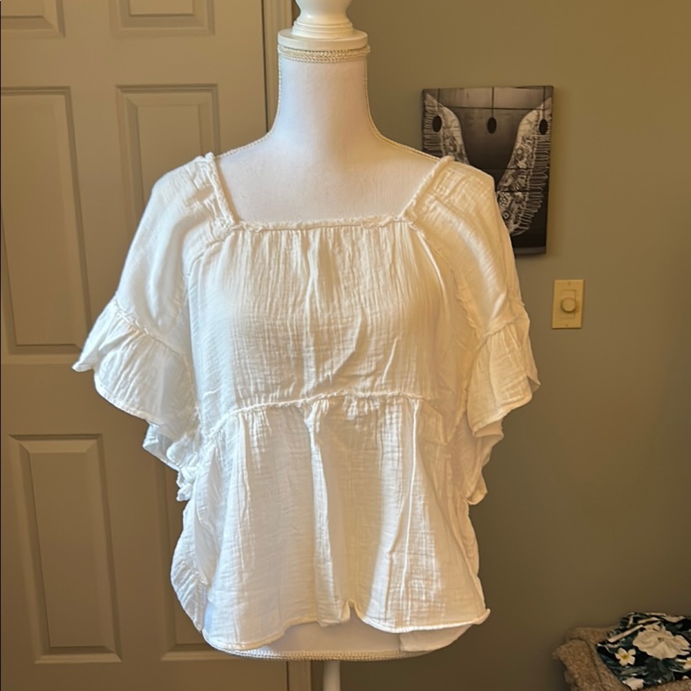 Anthropologie White Flutter Sleeve Smocked Blouse and shorts
